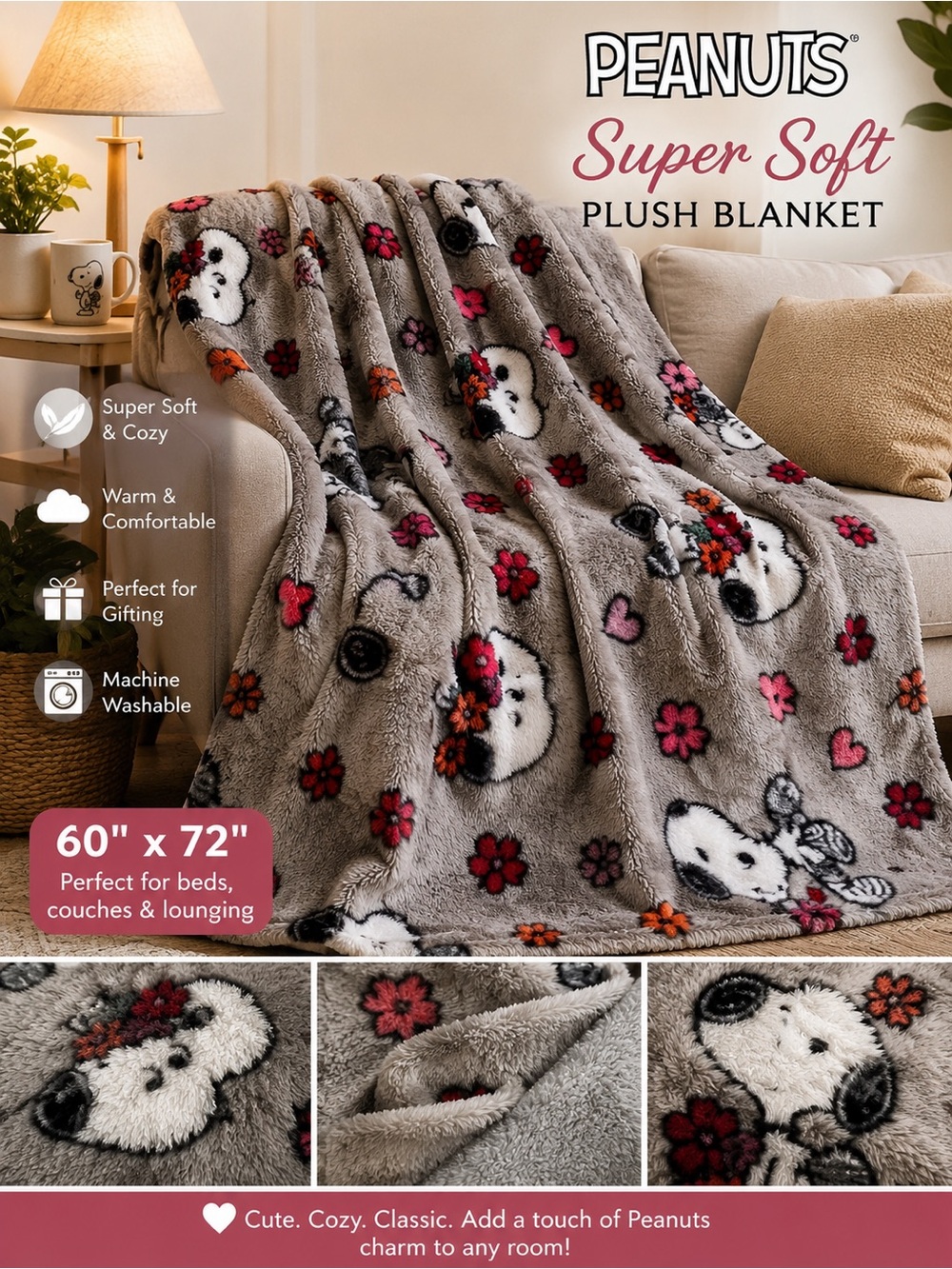 Peanuts Plush Throw Blanket - Gray with Red & Pink Floral Snoopy